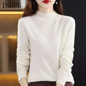 INDFS Женская мода Повседневный Осень Зима Однотонный Принт Длинный Рукав Полуводолазка Свитера M