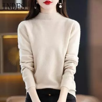 INDFS Женская мода Повседневный Осень Зима Однотонный Принт Длинный Рукав Полуводолазка Свитера M бежевый