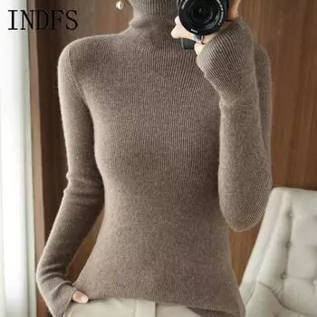 INDFS Женская мода Повседневный Осень Зима Однотонный Принт Длинный Рукав Высокий Воротник Свитера S