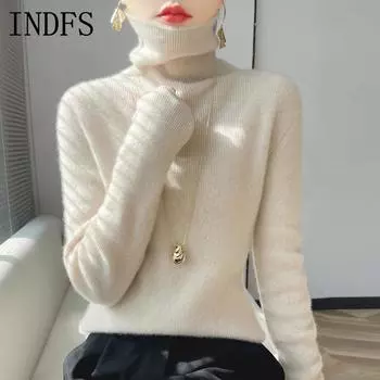 INDFS Женская мода Повседневный Осень Зима Однотонный Принт Длинный Рукав Высокий Воротник Свитера M бежевый