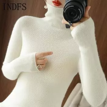 INDFS Женская мода Повседневный Осень Зима Однотонный Принт Длинный Рукав Высокий Воротник Свитера M белый