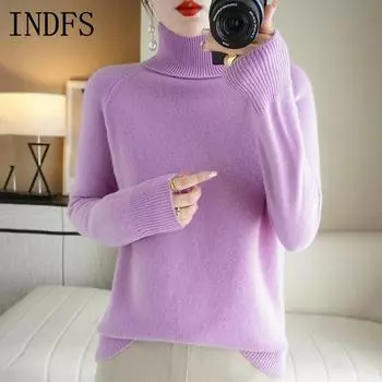 INDFS Женская мода Повседневный Осень Зима Однотонный Принт Длинный Рукав Высокий Воротник Свитера M