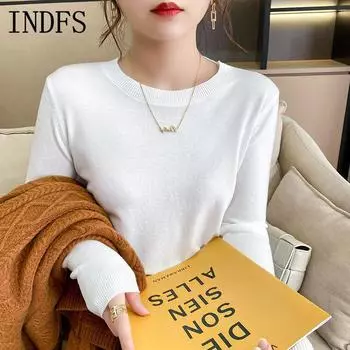 INDFS Женская мода Повседневный Осень Зима Однотонный Принт Длинный Рукав О-Образным Вырезом Свитера M белый