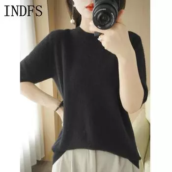 INDFS Женская мода Повседневный Осень Зима Однотонный Принт Длинный Рукав О-Образным Вырезом Свитера M чёрный
