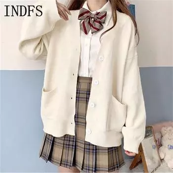 INDFS Женская мода Повседневный Осень Зима Однотонный Принт Длинный Рукав V-образный Вырез Свитера Size: One Size белый