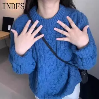 INDFS Женская мода Повседневный Осень Зима Однотонный Принт Длинный Рукав О-Образным Вырезом Свитера Size: One Size фиолетовый