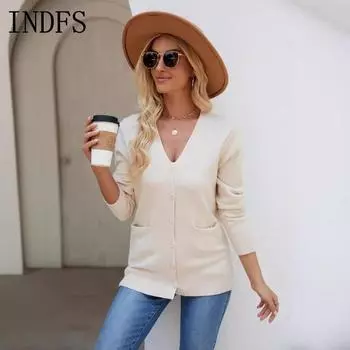 INDFS Женская мода Повседневный Осень Зима Однотонный Принт Длинный Рукав V-образный Вырез Свитера S белый