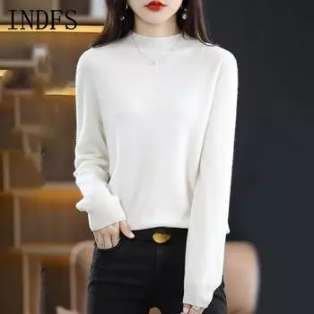 INDFS Женская мода Повседневный Осень Зима Однотонный Принт Длинный Рукав Полуводолазка Свитера M белый