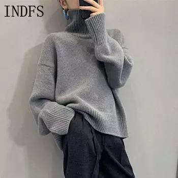 INDFS Женская мода Повседневный Осень Зима Однотонный Принт Длинный Рукав Высокий Воротник Свитера Size: One Size красный
