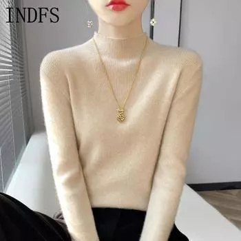 INDFS Женская мода Повседневный Осень Зима Однотонный Принт Длинный Рукав Полуводолазка Свитера M бежевый