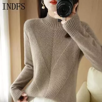 INDFS Женская мода Повседневный Осень Зима Однотонный Принт Длинный Рукав Полуводолазка Свитера S бежевый