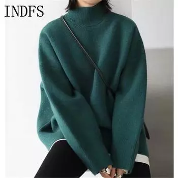INDFS Женская мода Повседневный Осень Зима Однотонный Принт Длинный Рукав Полуводолазка Свитера Size: One Size зелёный