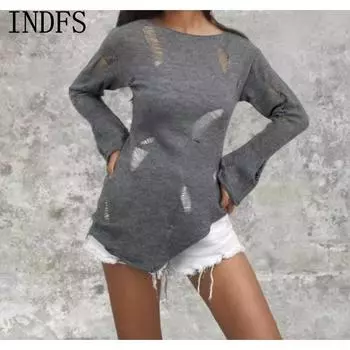 INDFS Женская мода Повседневный Осень Зима Однотонный Принт Длинный Рукав О-Образным Вырезом Свитера S серый