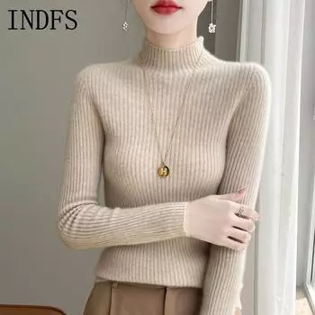 INDFS Женская мода Повседневный Осень Зима Однотонный Принт Длинный Рукав Полуводолазка Свитера S