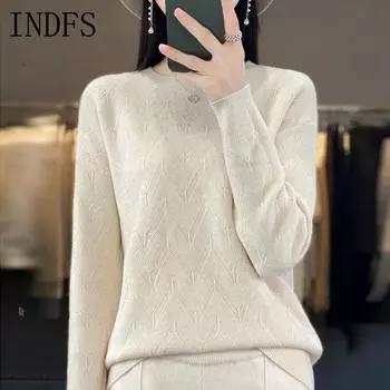 INDFS Женская мода Повседневный Осень Зима Однотонный Принт Длинный Рукав О-Образным Вырезом Свитера S бежевый