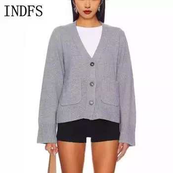 INDFS Женская мода Повседневный Осень Зима Однотонный Принт Длинный Рукав V-образный Вырез Свитера S хаки