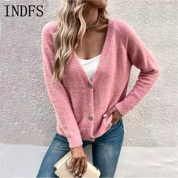 INDFS Женская мода Повседневный Осень Зима Однотонный Принт Длинный Рукав V-образный Вырез Свитера S