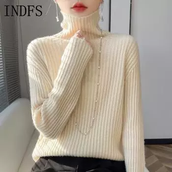 INDFS Женская мода Повседневный Осень Зима Однотонный Принт Длинный Рукав Высокий Воротник Свитера M бежевый