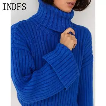 INDFS Женская мода Повседневный Осень Зима Однотонный Принт Длинный Рукав Высокий Воротник Свитера S синий