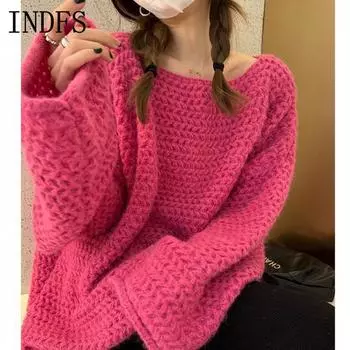 INDFS Женская мода Повседневный Осень Зима Однотонный Принт Длинный Рукав О-Образным Вырезом Свитера Size: One Size белый