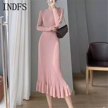 INDFS Женская мода Повседневный Осень Зима Однотонный Принт Длинный Рукав О-Образным Вырезом Свитера Size: One Size розовый