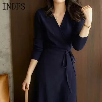 INDFS Женская мода Повседневный Осень Зима Однотонный Принт Длинный Рукав V-образный Вырез Свитера Size: One Size темно-зеленого