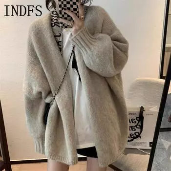 INDFS Женская мода Повседневный Осень Зима Однотонный Принт Длинный Рукав V-образный Вырез Свитера Size: One Size