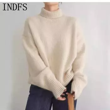 INDFS Женская мода Повседневный Осень Зима Однотонный Принт Длинный Рукав Высокий Воротник Свитера S серый