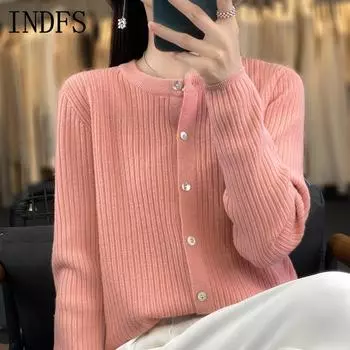 INDFS Женская мода Повседневный Осень Зима Однотонный Принт Длинный Рукав О-Образным Вырезом Свитера M бежевый