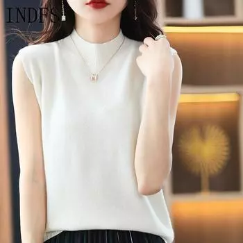 INDFS Женская мода Повседневный Осень Зима Однотонный Принт Без Рукавов Полуводолазка Свитера M белый