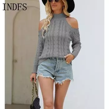 INDFS Женская мода Повседневный Осень Зима Однотонный Принт Длинный Рукав Полуводолазка Свитера S абрикосовый