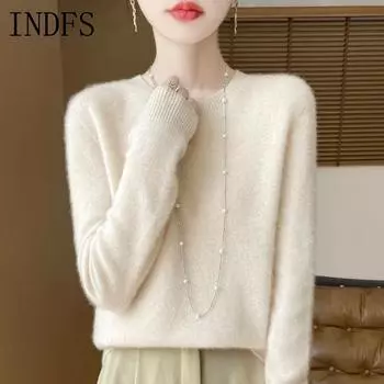 INDFS Женская мода Повседневный Осень Зима Однотонный Принт Длинный Рукав О-Образным Вырезом Свитера M бежевый