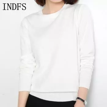 INDFS Женская мода Повседневный Осень Зима Однотонный Принт Длинный Рукав О-Образным Вырезом Свитера M белый
