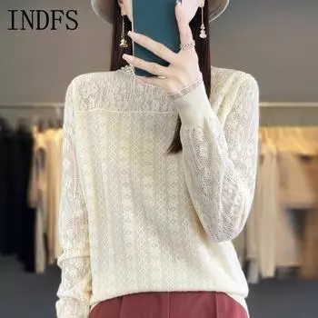 INDFS Женская мода Повседневный Осень Зима Однотонный Принт Длинный Рукав Полуводолазка Свитера M бежевый