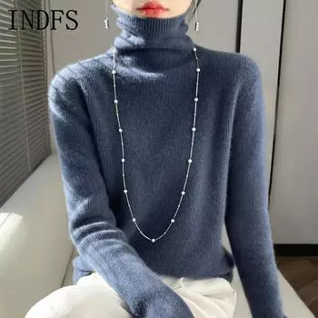 INDFS Женская мода Повседневный Осень Зима Однотонный Принт Длинный Рукав Высокий Воротник Свитера M бежевый