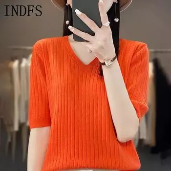 INDFS Женская мода Повседневный Осень Зима Однотонный Принт Короткий Рукав V-образный Вырез Свитера M