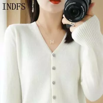INDFS Женская мода Повседневный Осень Зима Однотонный Принт Длинный Рукав V-образный Вырез Свитера M белый