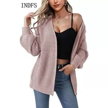 INDFS Женская мода Повседневный Осень Зима Однотонный Принт Длинный Рукав V-образный Вырез Свитера S розовый
