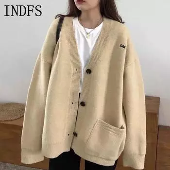 INDFS Женская мода Повседневный Осень Зима Однотонный Принт Длинный Рукав V-образный Вырез Свитера Size: One Size хаки