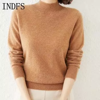 INDFS Женская мода Повседневный Осень Зима Однотонный Принт Длинный Рукав Полуводолазка Свитера S