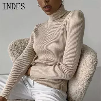 INDFS Женская мода Повседневный Осень Зима Однотонный Принт Длинный Рукав Высокий Воротник Свитера One size белый