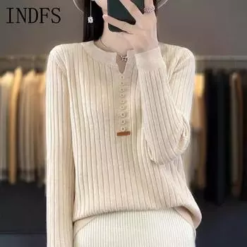 INDFS Женская мода Повседневный Осень Зима Однотонный Принт Длинный Рукав О-Образным Вырезом Свитера M бежевый