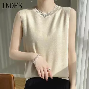 INDFS Женская мода Повседневный Осень Зима Однотонный Принт Без Рукавов Свитера О-Образным Вырезом M бежевый