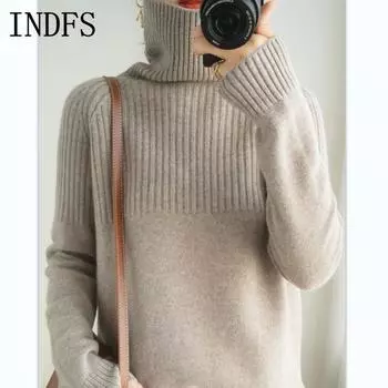 INDFS Женская мода Повседневный Осень Зима Однотонный Принт Длинный Рукав Высокий Воротник Свитера S розовый