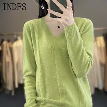 INDFS Женская мода Повседневный Осень Зима Однотонный Принт Длинный Рукав V-образный Вырез Свитера S