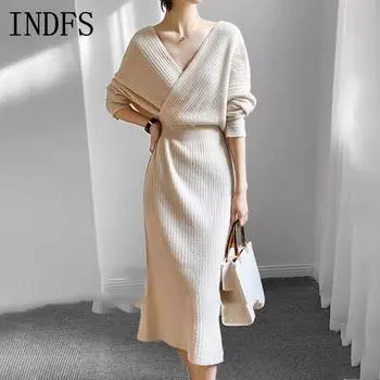 INDFS Женская мода Повседневный Осень Зима Однотонный Принт Длинный Рукав V-образный Вырез Свитера Size: One Size