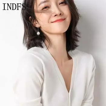 INDFS Женская мода Повседневный Осень Зима Однотонный Принт Длинный Рукав V-образный Вырез Свитера L (80-57.5 kg) белый