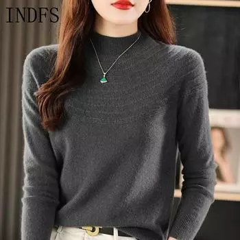 INDFS Женская мода Повседневный Осень Зима Однотонный Принт Длинный Рукав Полуводолазка Свитера S