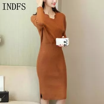 INDFS Женская мода Повседневный Осень Зима Однотонный Принт Длинный Рукав V-образный Вырез Свитера Size: One Size хаки