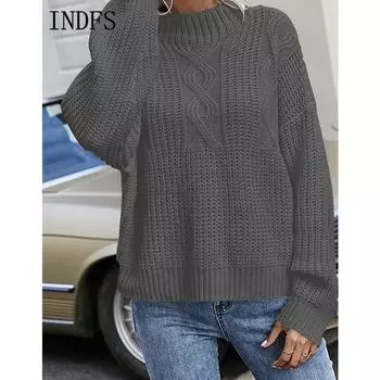 INDFS Женская мода Повседневный Осень Зима Однотонный Принт Длинный Рукав О-Образным Вырезом Свитера S серый